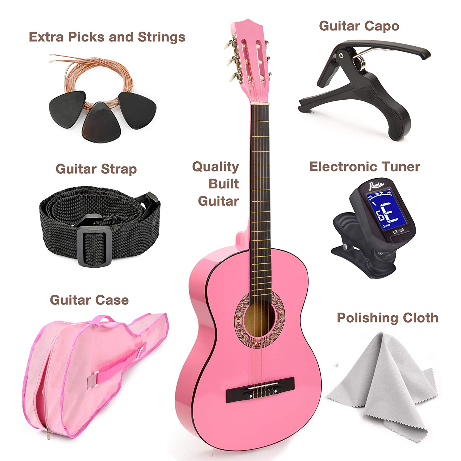 30 inch Pink Wood Guitar with Case and Accessories Great Gift for Kids Girls Beginners-Stumbit Kids